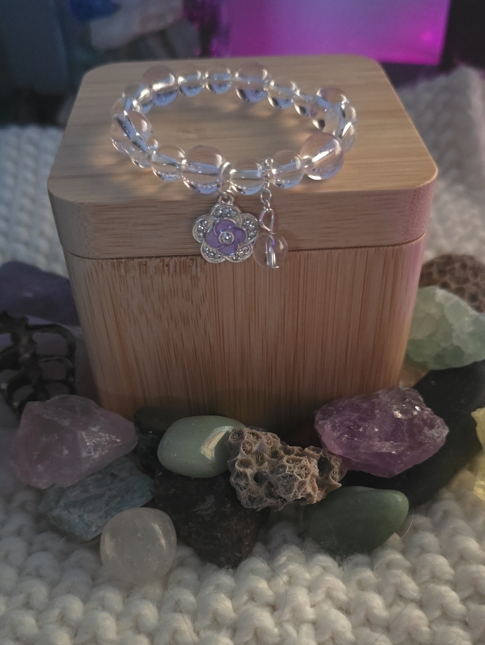 Clear Crystal Bead Bracelet with Purple Flower Charm - Women Jewelry